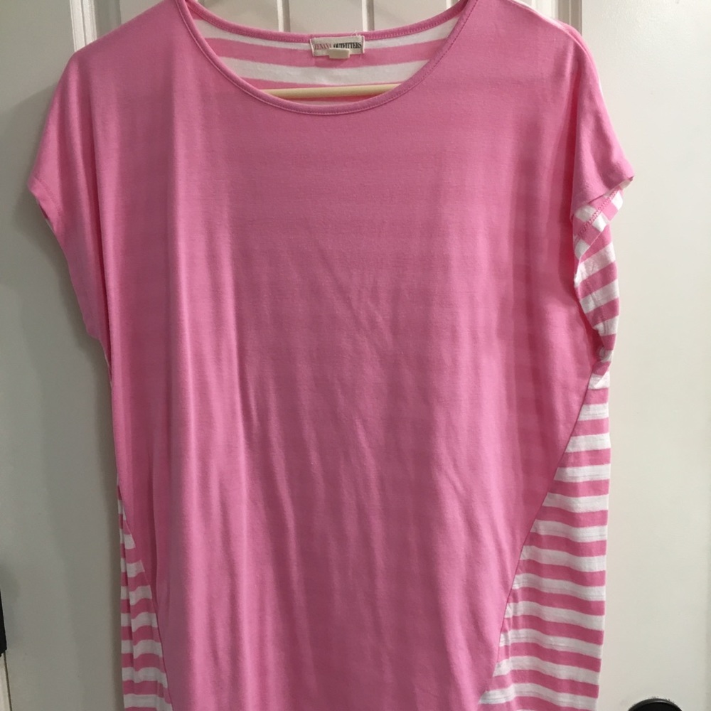 Pink and white top.